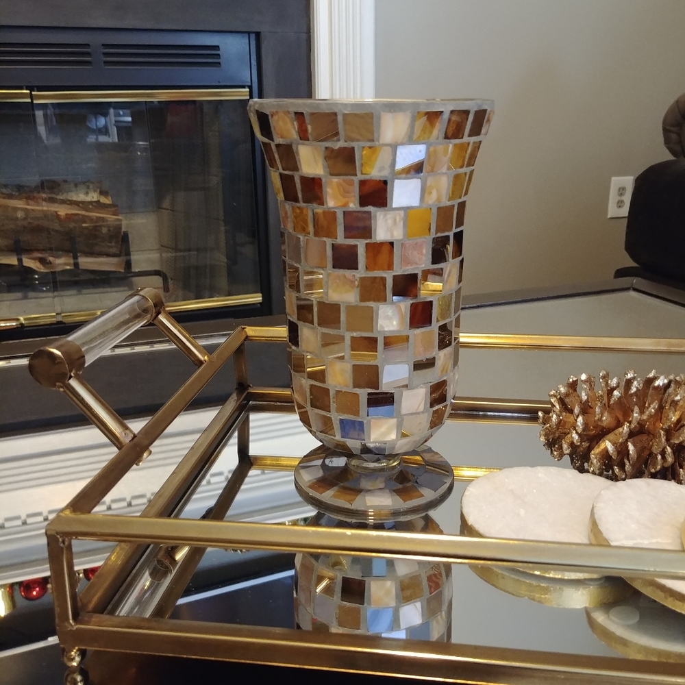 BROWN MOSAIC HURRICANE CANDLE HOLDER